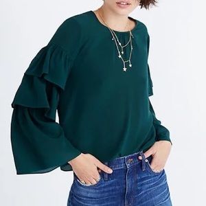 Madewell S silk ruffle top in Emerald green